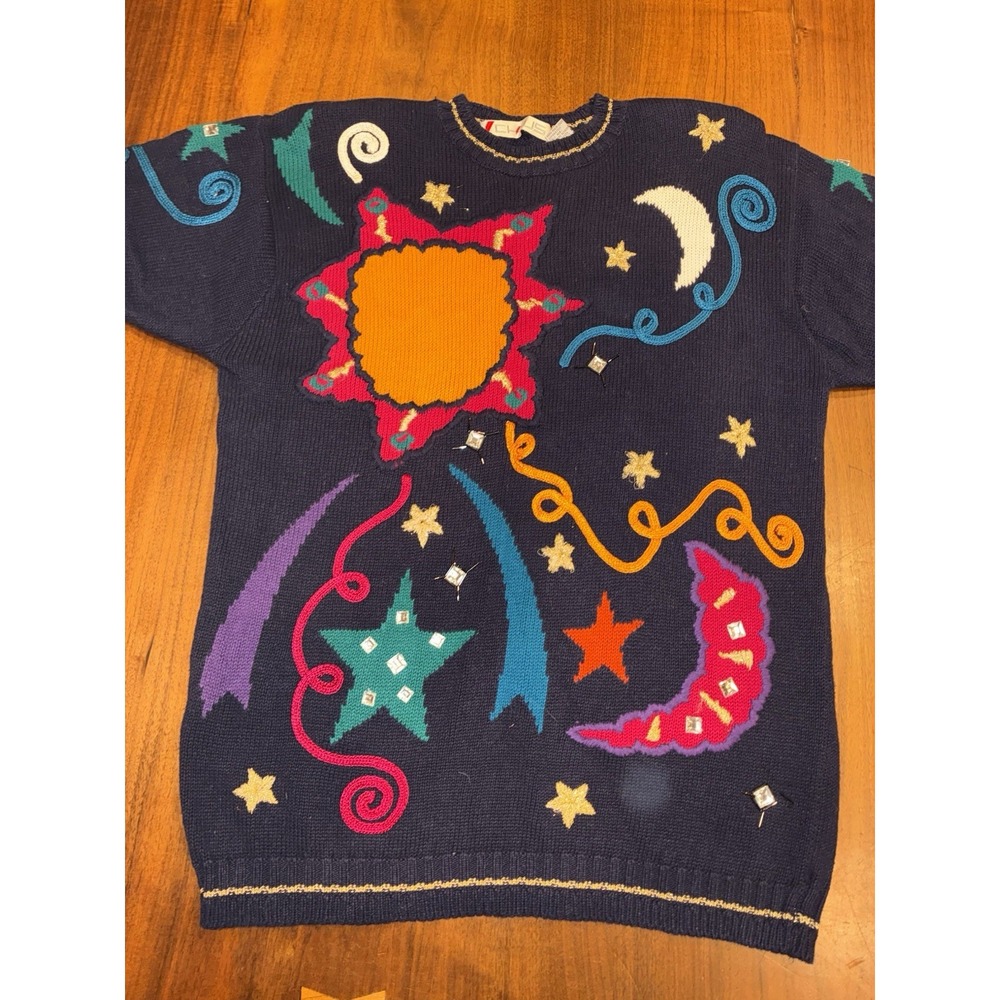 VTG 90s Sun Moon Cotton Ramie Handknit Celestial Sweater Womens Large